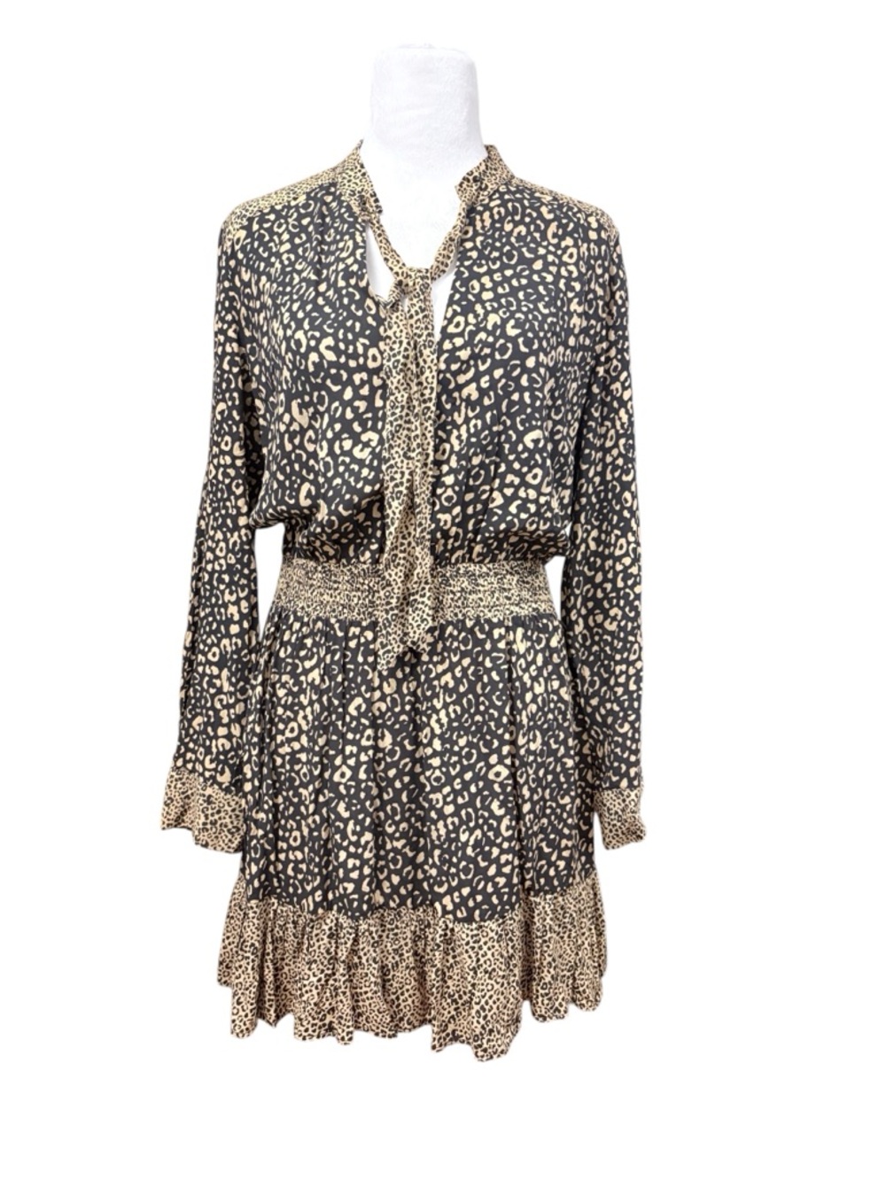 Zara Brown Leopard-Print Tie-Neck Mini Dress Sz Large